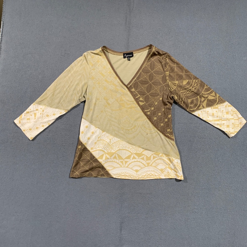 Lynn Ritchie Silk Blend V-Neck Top Brown Tan Geometric Mixed Prints Womens S *